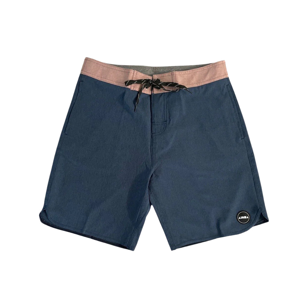 Adult Aloha Surf Shapes boardshorts. Heather navy with contrasting mauve waistband and patch pocket flap. Front view