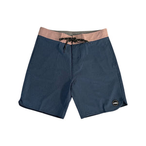 Adult Aloha Surf Shapes boardshorts. Heather navy with contrasting mauve waistband and patch pocket flap. Front view