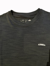 Closeup detail of neckline and logo on youth "Hybrid" aloha surf shapes UPF50 sunshirt