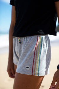 Close-up of rainbow striped detail on Laguna shorts
