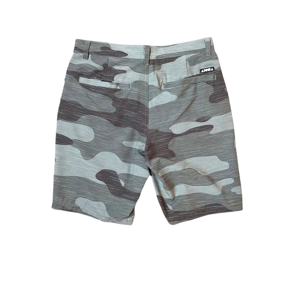 back view of adult Aloha Surf Shapes Linton camo boardshorts