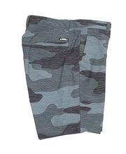 Side view of pocket, logo details for Adult "Linton" camo print boardshorts