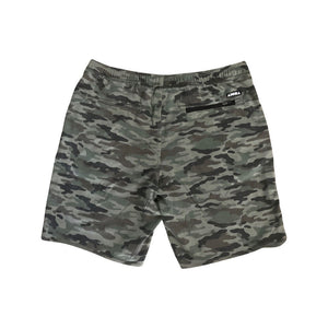 Mens knee length sweat shorts in camo print. Elastic waistband and woven Aloha Surf Shapes logo label above back right pocket. Back view