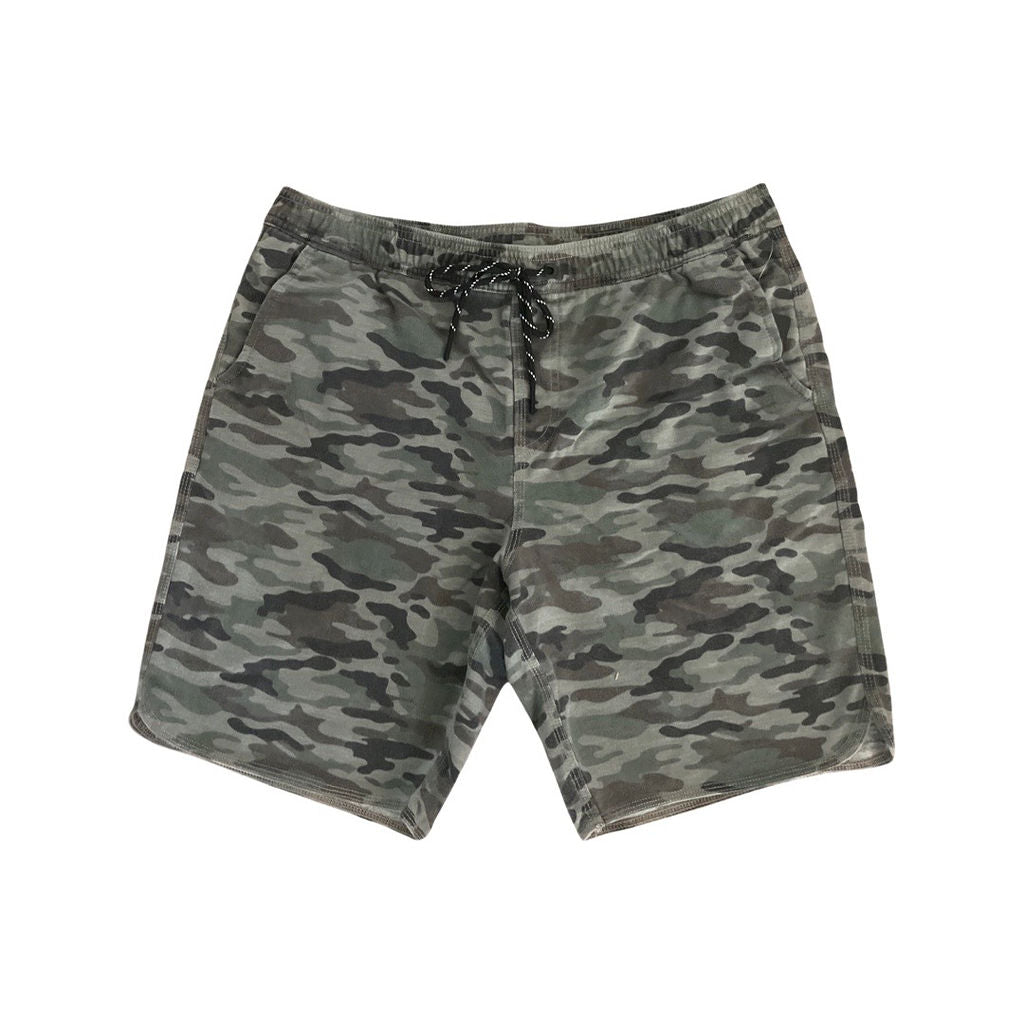 Mens knee length sweat shorts in camo print. Elastic waistband and woven Aloha Surf Shapes logo label above back right pocket. Front view