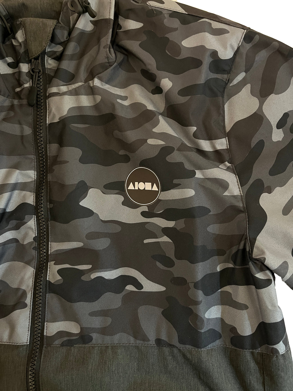 Closeup detail of zipper and rubberized zip pulls