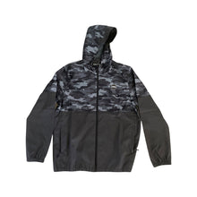Mens longsleeve water resistant jacket with hood. Greyscale camo print