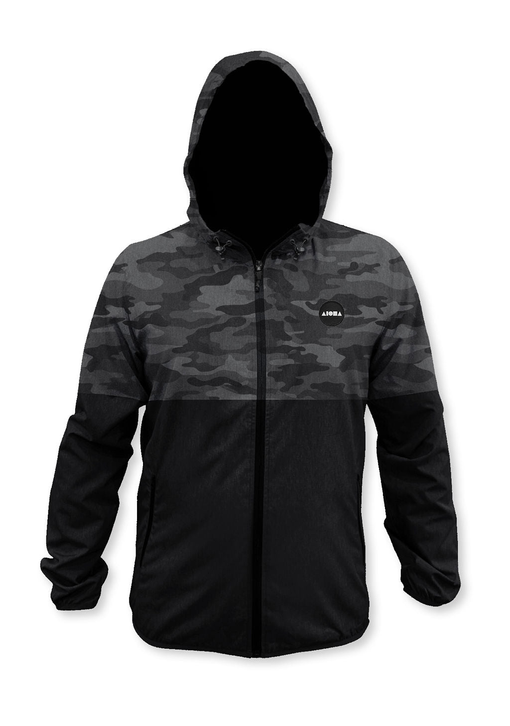 Mens long sleeve hooded rain jacket in greyscale camo with Aloha Surf Shapes logo on front left chest