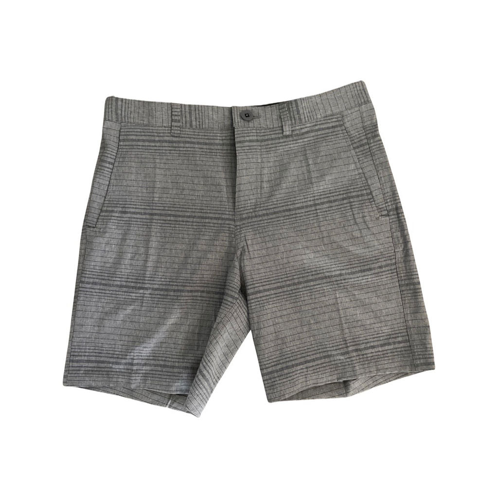 Front view of grey striped adult "Nalu" board shorts with button and zip closure.