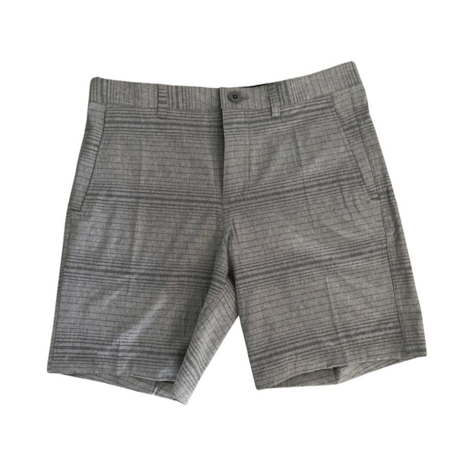 Front view of grey striped adult "Nalu" board shorts with button and zip closure.