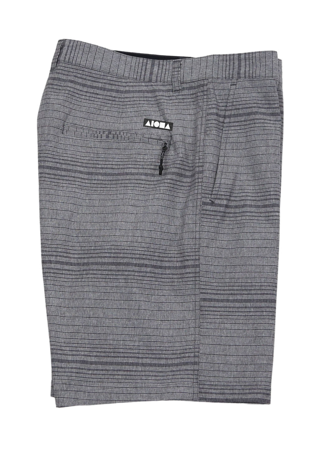 Side view of "Nalu" adult board shorts showing back pockets and Aloha Surf Shapes logo