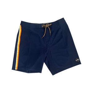 Mens navy blue surf board shorts with orange/yellow stripe detail running down leg