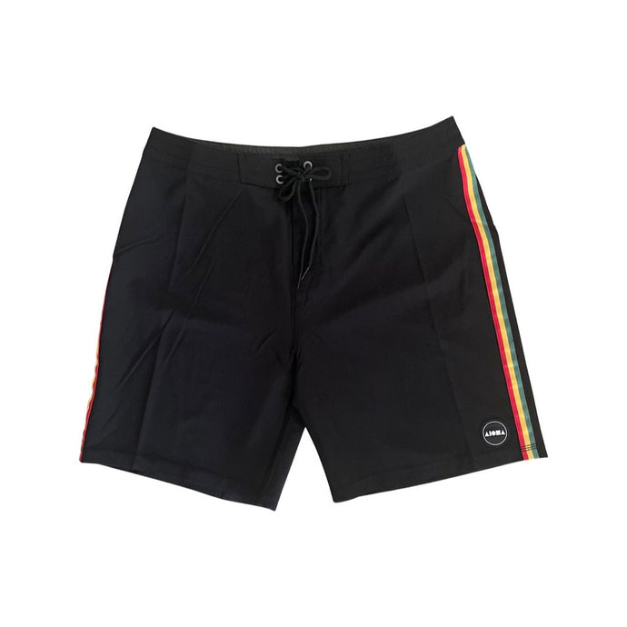 Unisex adult surf board shorts. Black fabric with rasta color stripe ribbon detail running down side seams