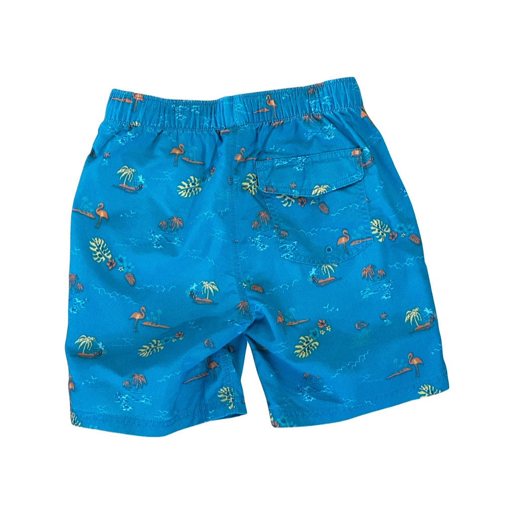 Youth elastic waist swim trunks. Blue fabric printed all over with flamingos and palm trees. Back view of patch velcro pocket