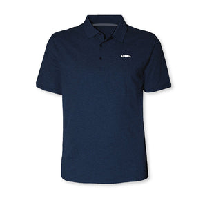 Mens UPF50 collared polo shirt in Heather Navy with small white Aloha Shapes® logo on front left chest