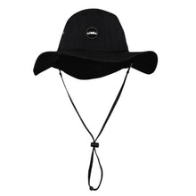 Adult black boonie hat with adjustable chin strap and Aloha surf Shapes logo vinyl patch on front center