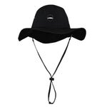 Adult black boonie hat with adjustable chin strap and Aloha surf Shapes logo vinyl patch on front center