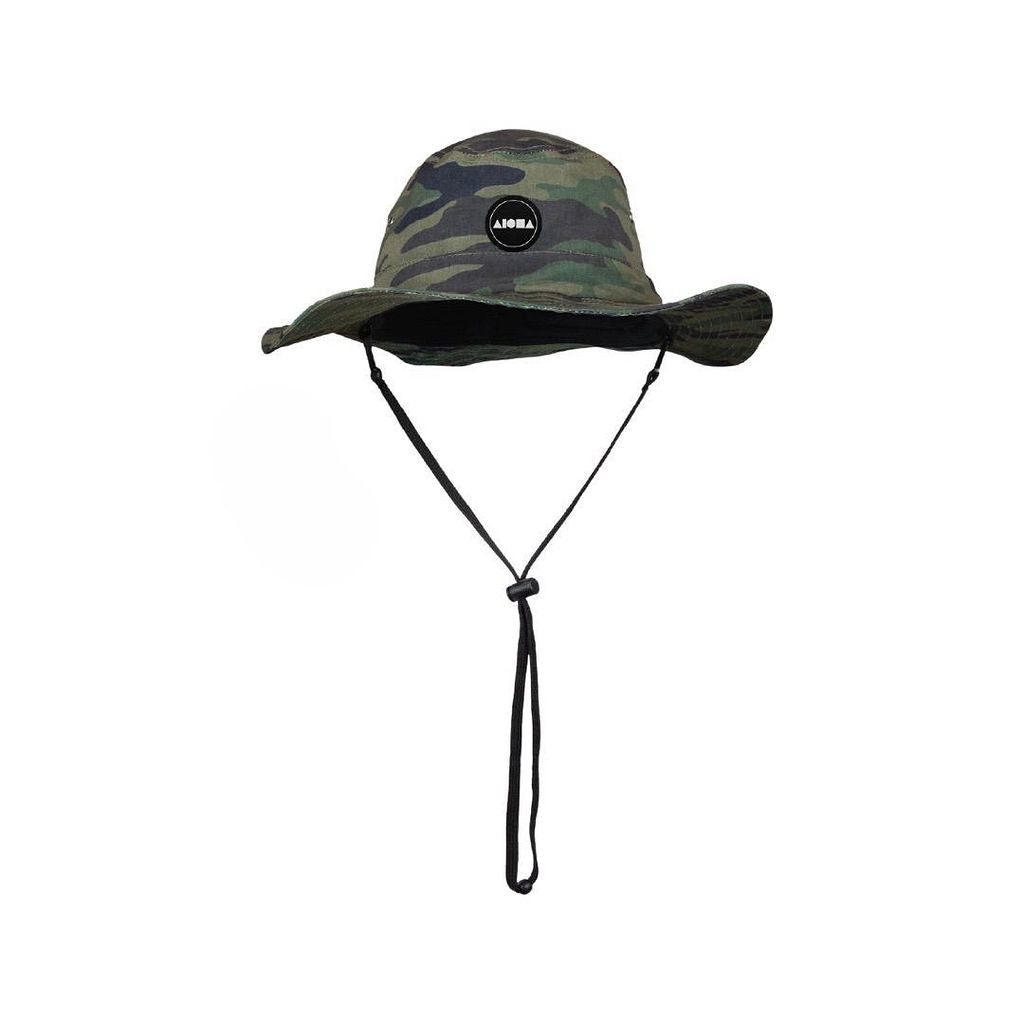 Adult camo print boonie hat with adjustable chin strap and Aloha surf Shapes logo vinyl patch on front center