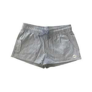 Womens blue striped "Abbey" shorts with elastic waistband and cotton drawstring