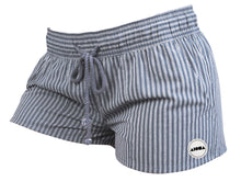 Womens blue striped "Abbey" shorts with elastic waistband and cotton drawstring. Small vinyl heat transfer Aloha Shapes logo patch on front left leg