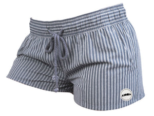 Womens blue striped "Abbey" shorts with elastic waistband and cotton drawstring. Small vinyl heat transfer Aloha Shapes logo patch on front left leg