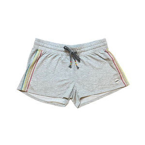Womens Aloha Surf Shapes in heather grey with rainbow colored pinstripes running down sides. Elastic waistband and grey drawstring with rainbow colored tassels