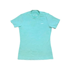 Womens UPF50 short sleeve sun shirt in mint color with small white Aloha Shapes® logo on left chest