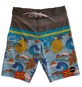 Boys youth boardshorts with tropical wave and pineapple pattern. Surf shorts have vinyl transfer Aloha Surf Shapes logo on left leg. 