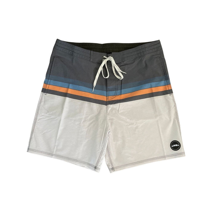Adult surf shorts with grey waistband, horizontal blue and orange stripes and tan color legs. Aloha Surf Shapes fabric logo on left leg