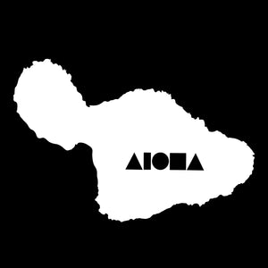 White vinyl decal sticker of Maui island shape with cutout of Aloha Shapes® logo