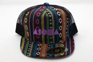 Youth flat brim snapback with Multi-colored striped Guatemalan fabric and a purple embroidered Aloha Shapes logo