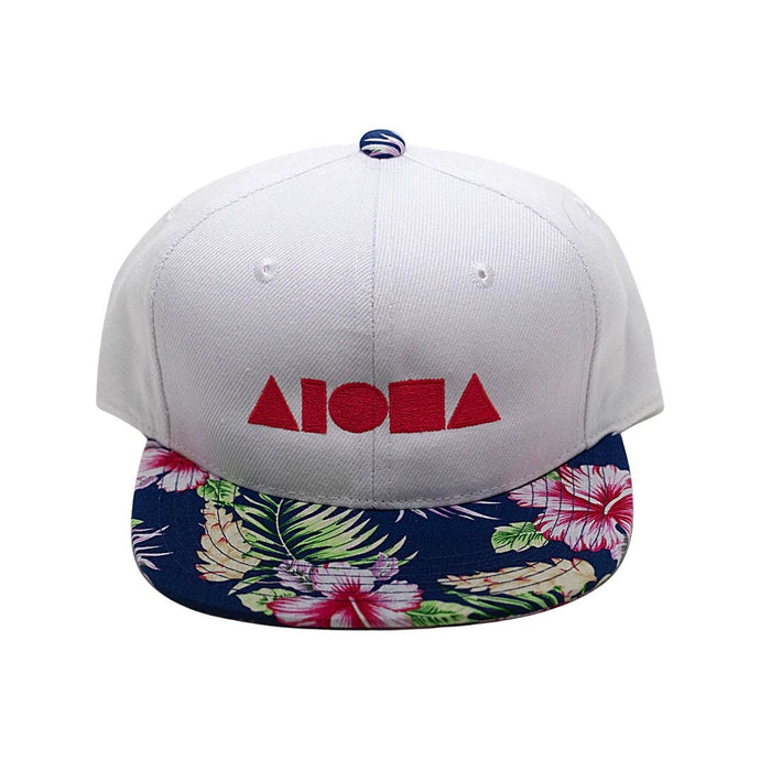 Youth flat brim snapback hat with blue floral print fabric and white canvas embroidered with pink Aloha Shapes ® logo