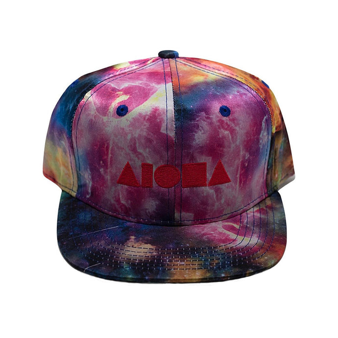 Satin space print youth snapback hat embroidered with hot pink Aloha Shapes ® logo.