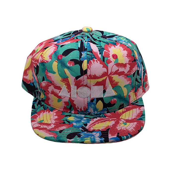 Tropical ginger flower floral print youth snapback hat embroidered with white Aloha Shapes ® logo.