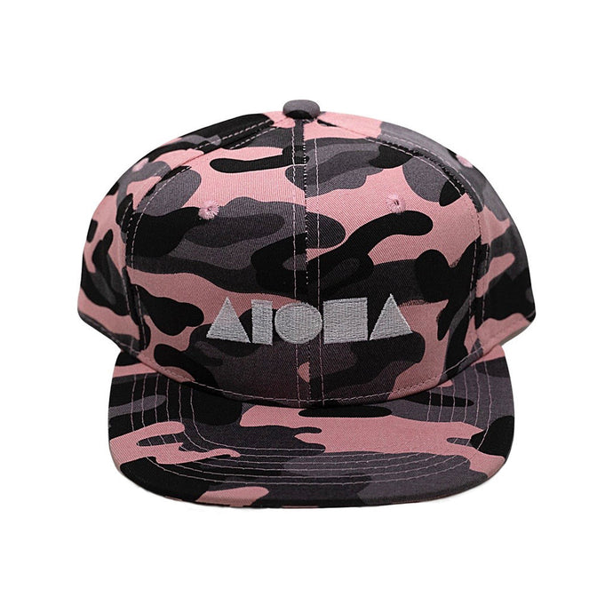 Pink and grey camo print youth snapback hat embroidered with white Aloha Shapes® logo in Maui Hawaii