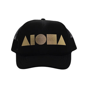 Black youth foam trucker hat foil printed with gold Aloha Shapes® logo