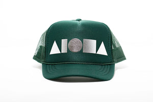 Forest green youth trucker hat foil printed with metallic silver Aloha Shapes ® logo. Designed in Maui, Hawaii