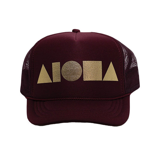 Maroon youth trucker hat foil printed with gold Aloha Shapes® logo