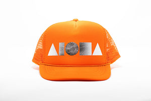 Orange youth trucker hat foil printed with metallic silver Aloha Shapes ® logo. Designed in Maui, Hawaii