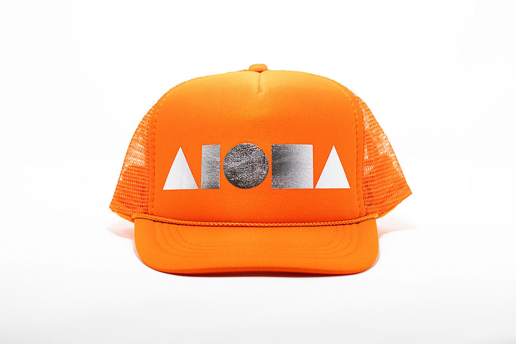 Orange youth trucker hat foil printed with metallic silver Aloha Shapes ® logo. Designed in Maui, Hawaii