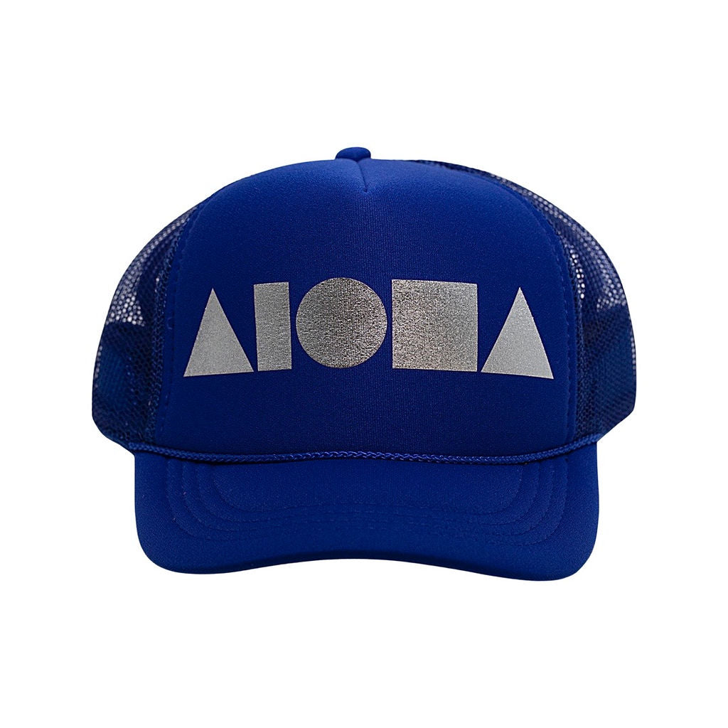 Royal blue youth foam trucker hat foil printed on front with metallic silver Aloha Shapes® logo