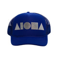 Royal blue youth foam trucker hat foil printed on front with metallic silver Aloha Shapes® logo