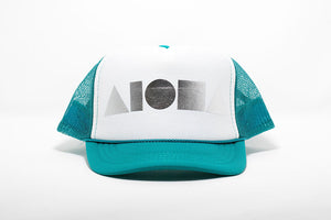 Teal and white youth trucker hat foil printed with metallic silver Aloha Shapes® logo. Designed in Maui, Hawaii