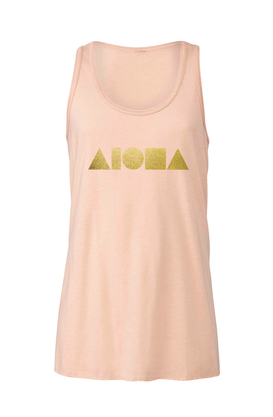Peach youth racerback tank with gold Aloha Shapes® logo hand-screenprinted on front