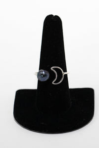 Sterling silver ring with Tahitian pearl and moon shape handmade in Maui, Hawaii