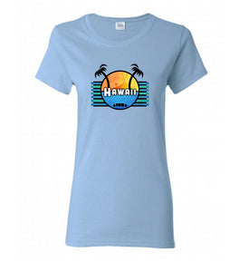 Light blue womens fitted jersey tee printed on the front chest with our Vintage Hawaii logo.